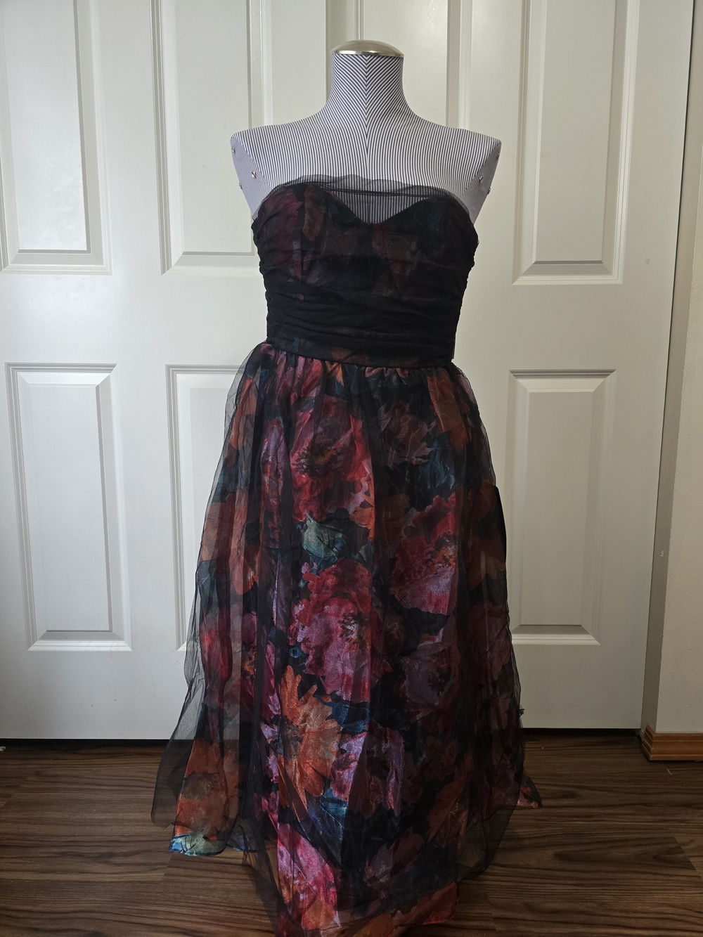 Black Floral Organza Mesh Strapless Midi Dress